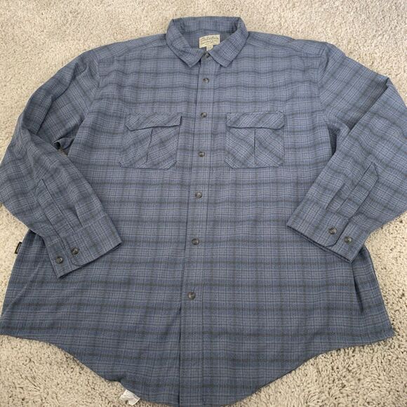 Cabelas Shirt Men XXL Plaid Long Sleeve Nylon Polyester Fuzzy Flannel Blue Plaid - Picture 7 of 7